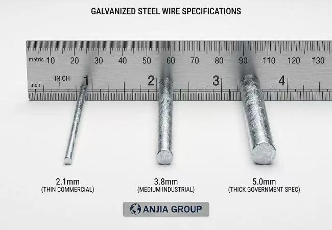 Three chain link wire gauges compared BWG14 commercial BWG9 industrial BWG6 government with ruler